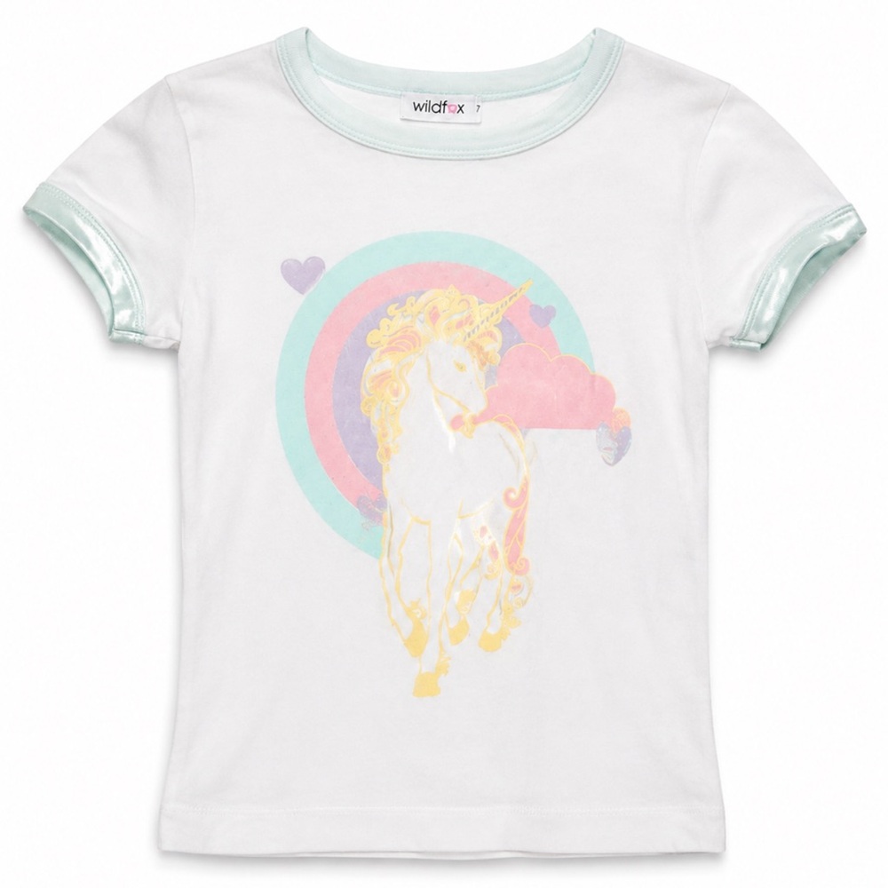 Wildfox kids girls unicorn T-shirt SS size 10 NWT white with blue & pink